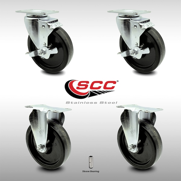 5 Inch SS Phenolic Top Plate Caster Set with 2 Brake 2 Rigid